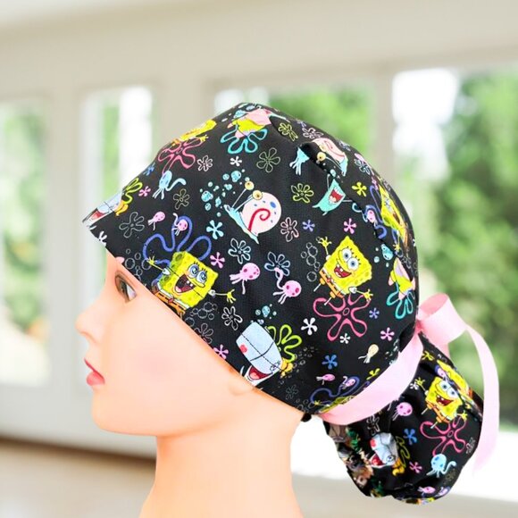 Sponge Bob ~  Ponytail Scrub Cap, Nurse Cap, Scrub Hat, OR Scrub, CNA, Gift - Picture 3 of 4